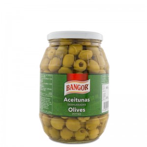 Pitted Green Olives glass jar barrel