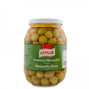 Plain Green Olives glass jar barrel