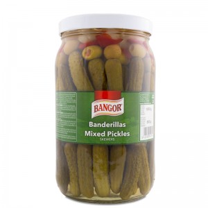 Mixed Pickles Skewers with Whole Gherkins glass jar 1/2 gallon