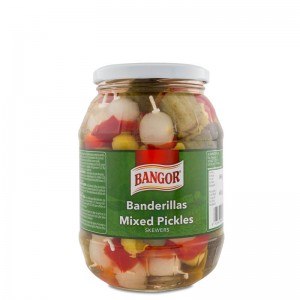 Mixed Pickles Skewers with Chopped Gherkins glass jar barrel